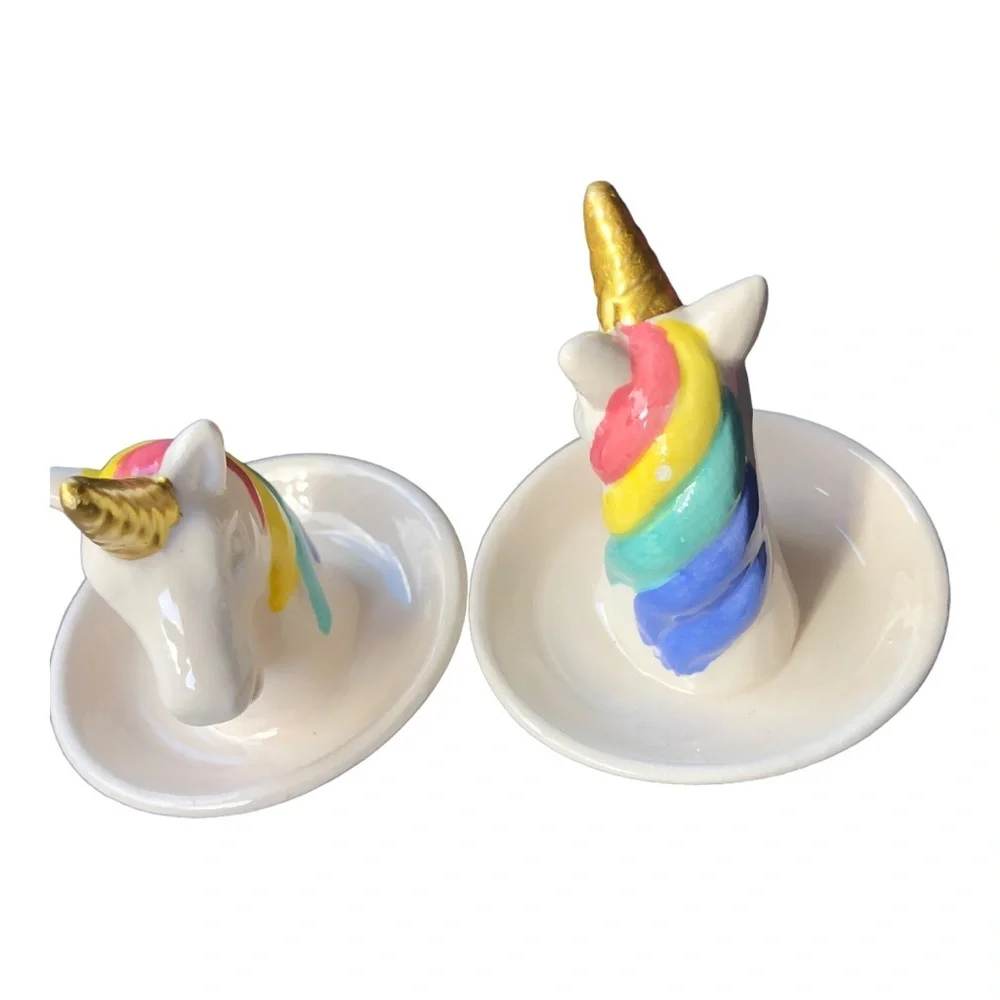 2 ivory ceramic rainbow gold unicorn horn ring jewelry holders new‎